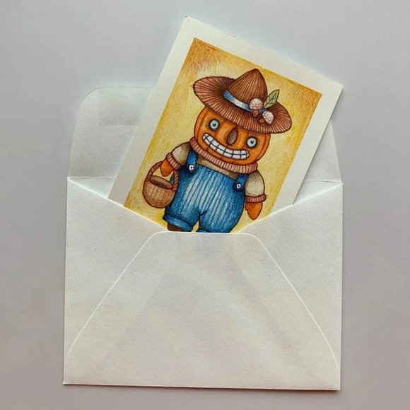 OOAK Vintage Halloween Pumpkin Harvest ACEO ATC Original Art Card - Picture 4 of 5